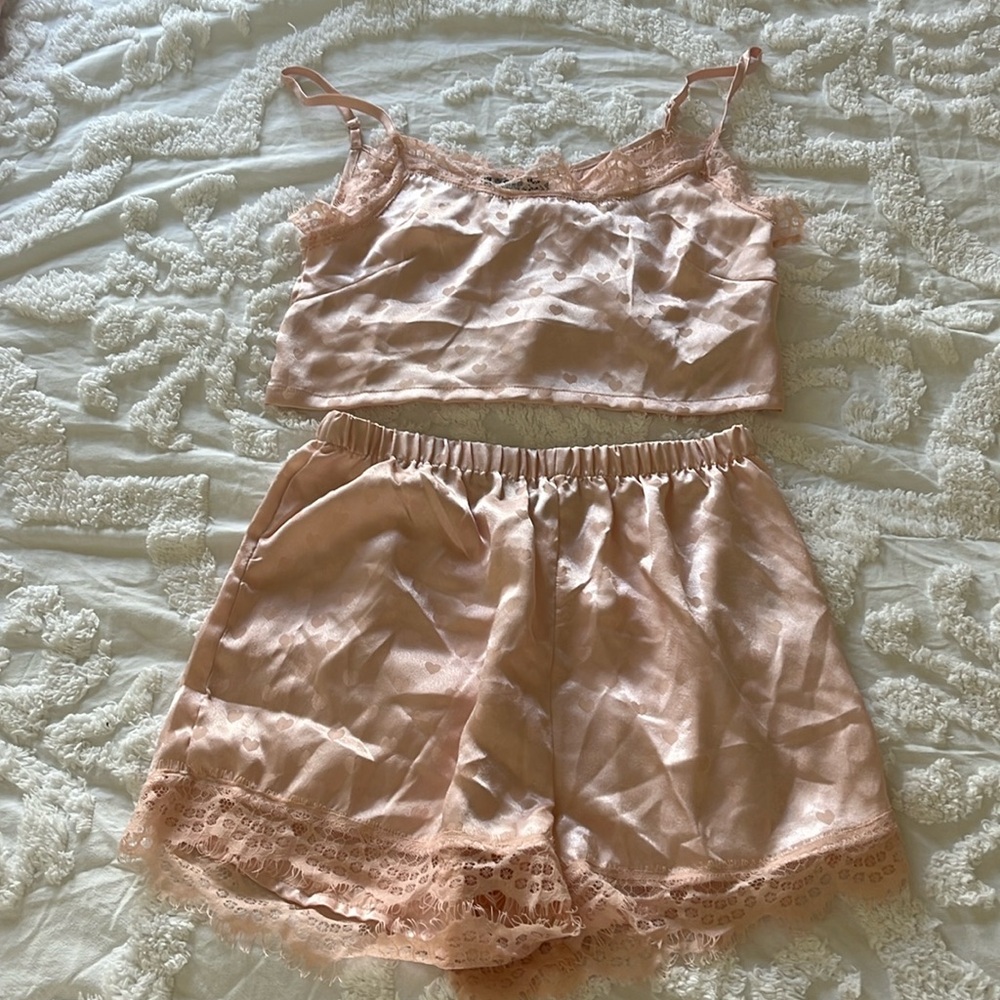 Pretty little thing pink pj set with lace and hearts size small NEW NEVER WORN